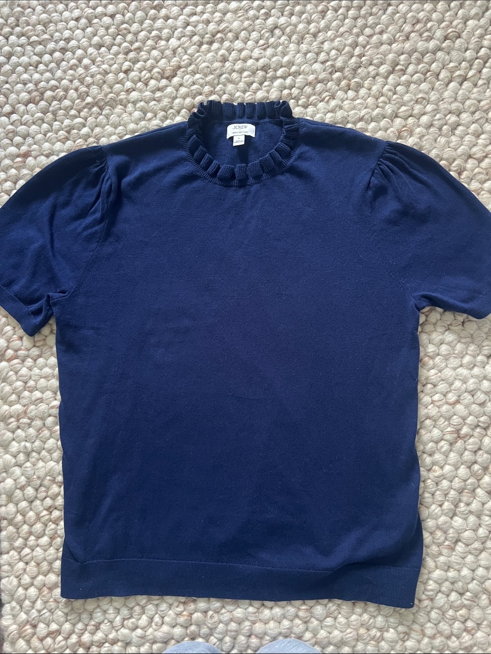 J. Crew Navy Short-Sleeve Ruffle Crewneck Sweater